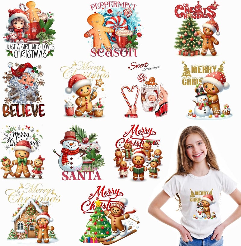 SUMELAY 12 Sheets Christmas Heat Transfers Vinyl, Gingerbread Iron on Transfers for T-Shirts, Christmas Iron on Decals for Clothes Bag Pillow Covers DIY Decorations - Image 1
